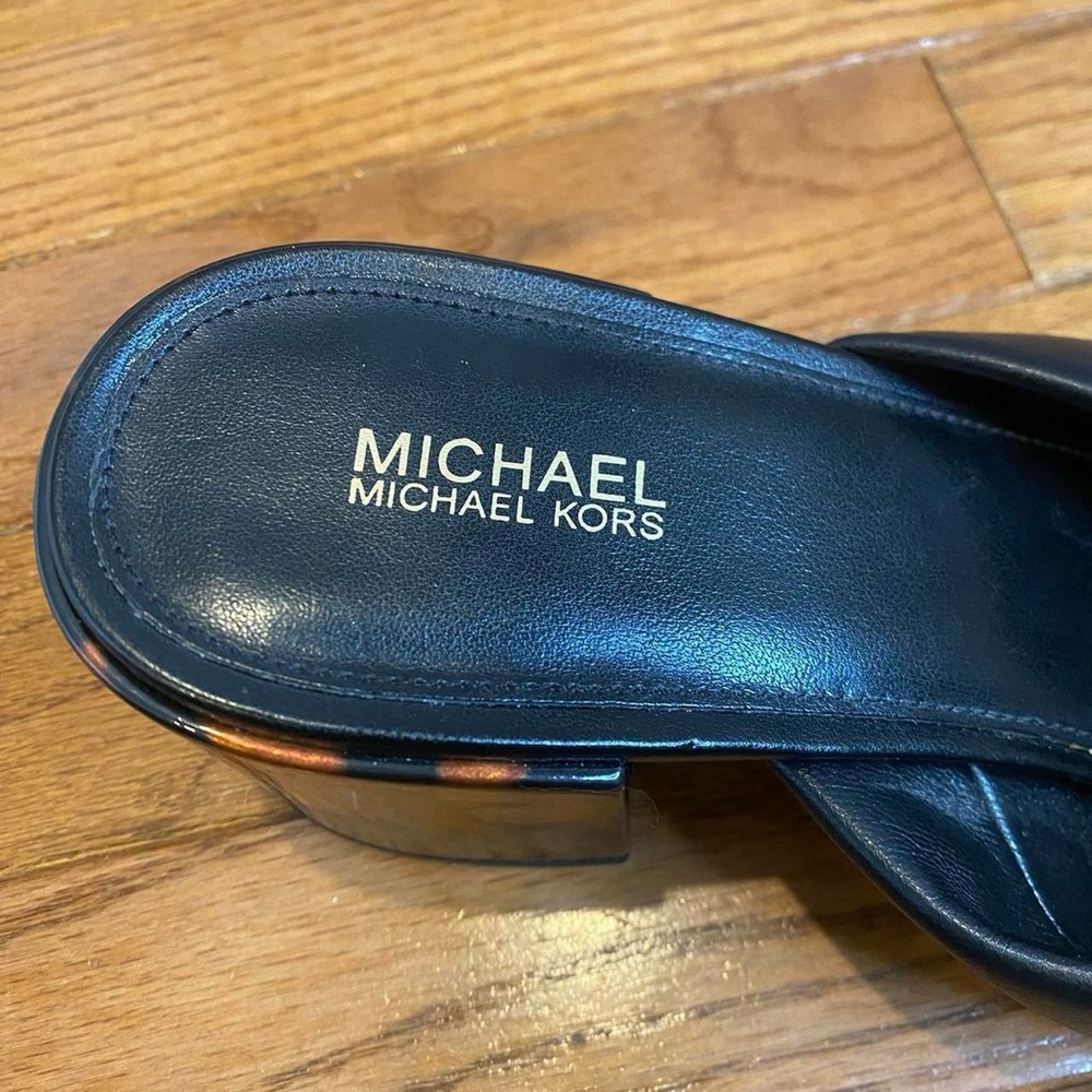 Michael Kors Black Leather Mules | Bow Slip-On Heels with Tortoise Block Heel - Picture 6 of 6